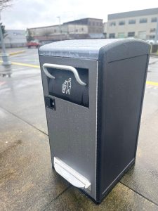 Matthew N. Wells / The Daily World
The Aberdeen City Council approved a five-year contract for eight Big Belly trash cans to be installed throughout downtown Aberdeen. The trash cans are fully-enclosed, have technology that lets users know when theyre full, and look clean. This one shown is at the Aberdeen Transit Center and shows what sort of cans the city will soon receive.
