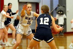RYAN SPARKS | THE DAILY WORLD Montesanos Lex Stanfield (10) defends against Seton Catholics Remy Jenniges during the Bulldogs 41-36 victory in the 1A District 4 championship game on Saturday at Hoquiam High School.