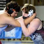 PHOTO BY SUE MICHALAK BUDSBERG Montesanos Logan Roberts, right, wrestles with Toppenishs Anthony Nava in a 1A 285-pound semifinal match at the Mat Classic XXXV on Saturday at the Tacoma Dome.