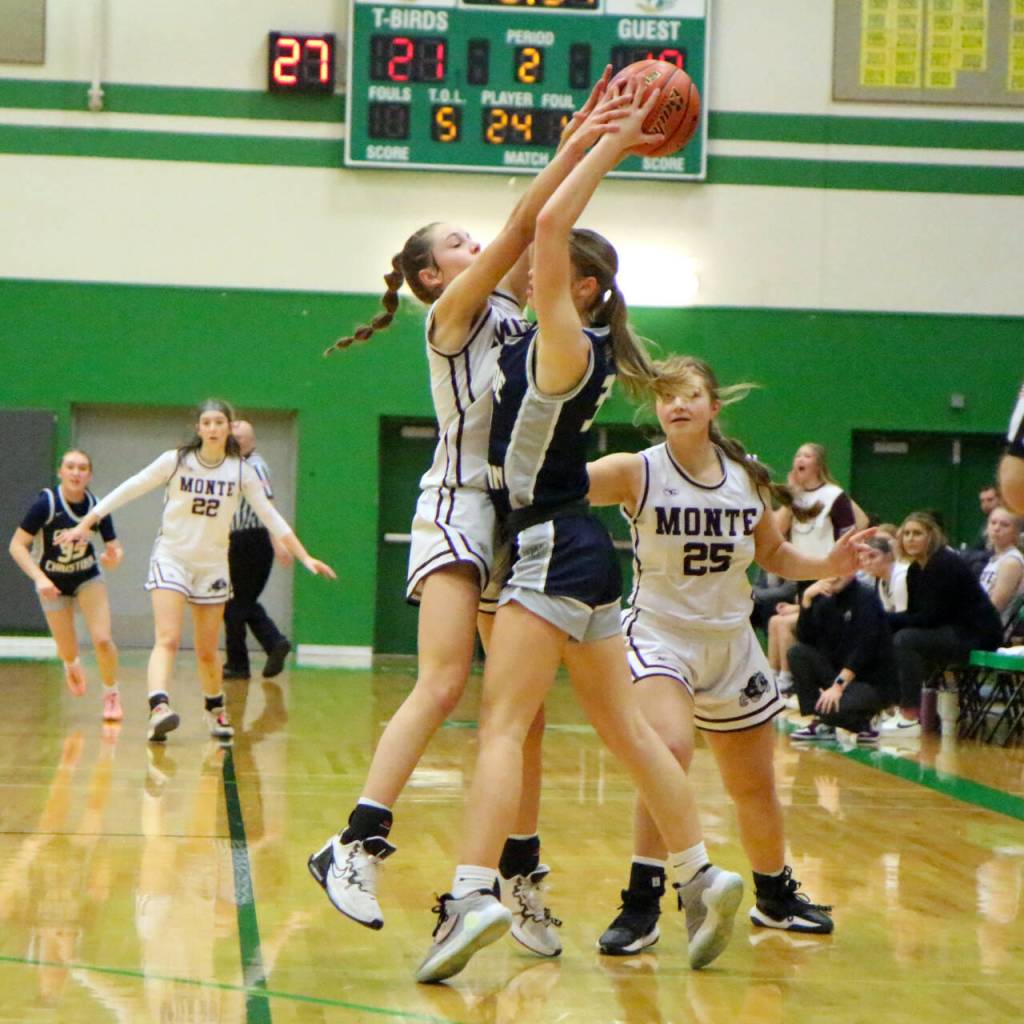RYAN SPARKS | THE DAILY WORLD Montesanos Lex Stanfield, left, defends a pass against Cascade Christians Alisa Scott during the Bulldogs 41-25 win in a 1A State first-round game on Saturday at Tumwater High School.
