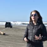 Clayton Franke / The Daily World
Washington Commissioner of Public Lands Hilary Franz talks on Feb. 23 at the state Route 115 beach approach in Ocean Shores. Franz called on the National Oceanic and Atmospheric Administration to continue funding the states tsunami mitigation research.