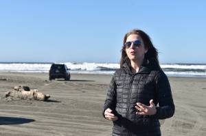 Clayton Franke / The Daily World
Washington Commissioner of Public Lands Hilary Franz talks on Feb. 23 at the state Route 115 beach approach in Ocean Shores. Franz called on the National Oceanic and Atmospheric Administration to continue funding the states tsunami mitigation research.