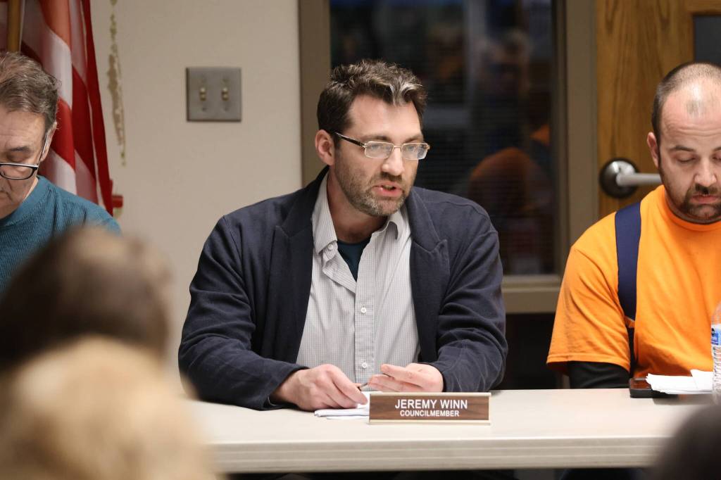 Michael S. Lockett / The Daily World
Cosmopolis city councilmember Jeremy Winn asks a question of a city employee during an emergency meeting on Tuesday.