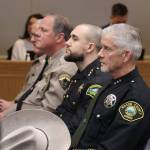 Michael S. Lockett / The Daily World
Sheriffs and police chiefs watch during a public hearing on a police pursuit initiative in Olympia on Wednesday.