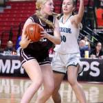 PHOTO BY HAILEY BLANCAS Montesanos Izzie Taylor, left, looks to make a play against Lakesides Bella Tobeck during the Bulldogs 59-35 loss in a 1A State Tournament Round of 12 game on Wednesday in Yakima.