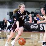PHOTO BY HAILEY BLANCAS Montesano point guard Tieander Olson drives against Lakeside during the Bulldogs 59-35 loss in a 1A State Tournament Round of 12 game on Wednesday in Yakima.