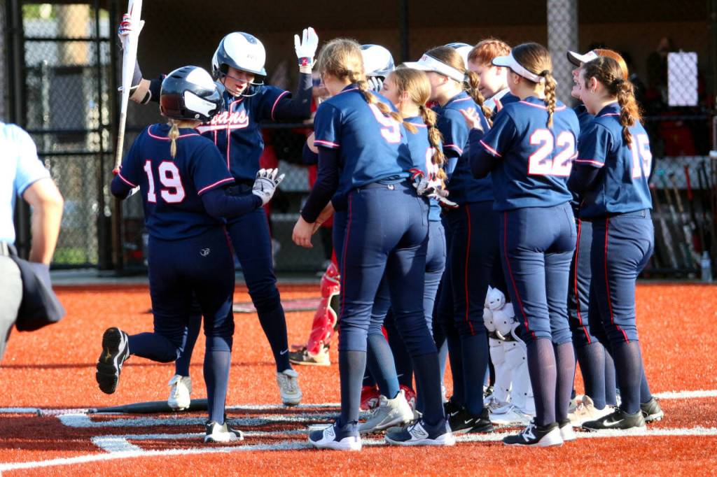 Pe Ell-Willapa Valleys Addison Merkel (19) after hitting a home run.