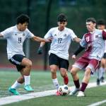 PHOTO BY FOREST WORGUM Montesanos Nolan Swenson (23) versus Royal at the Montesano Boys Soccer Jamboree on Friday.