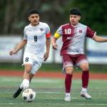PHOTO BY FOREST WORGUM Montesanos Jiovanny Torres (10) versus Wahluke at the Montesano Boys Soccer Jamboree on Friday.