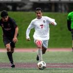 PHOTO BY FOREST WORGUM Hoquiams Joab Fabian (7) pushes the ball up the field during a 3-1 loss to Columbia (White Salmon) on Saturday in Montesano.