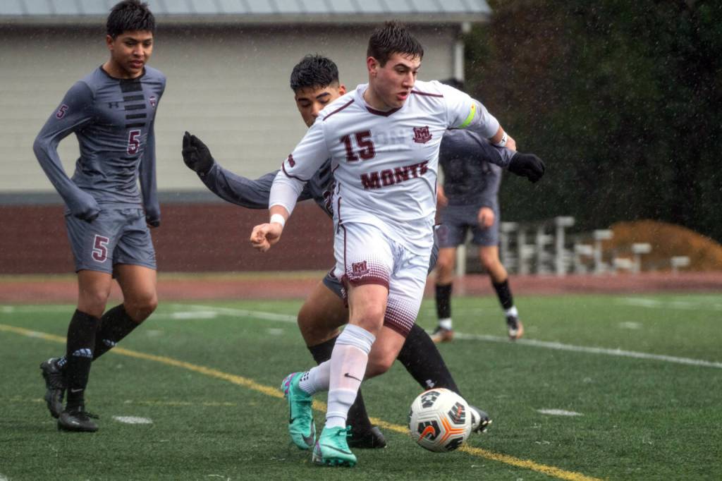 PHOTO BY FOREST WORGUM Montesano junior forward Felix Romero (15) dribbles against Wahluke during a 3-2 loss on Saturday at Jack Rottle Field in Montesano.