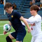RYAN SPARKS | THE DAILY WORLD Aberdeen junior forward Evan Cone, left, retains possession during a 2-0 loss to Capital on Saturday at Stewart Field in Aberdeen.
