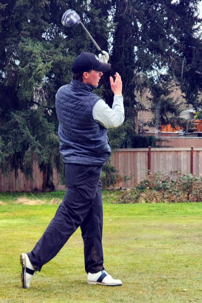 SUBMITTED PHOTO Grays Harbor College golfer Rasmus Tamker hits from the tee box during the University of Puget Sound Invitational on Saturday at Oakbrook Golf Club in Lakewood.