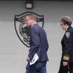 U.S. Rep. Derek Kilmer, left walks with Elma Police Chief Susan Shultz outside the citys police station in April 2023. Kilmer helped secure nearly $1.3 million for the city to renovate a new station and emergency operations center nearby. (The Daily World file photo)