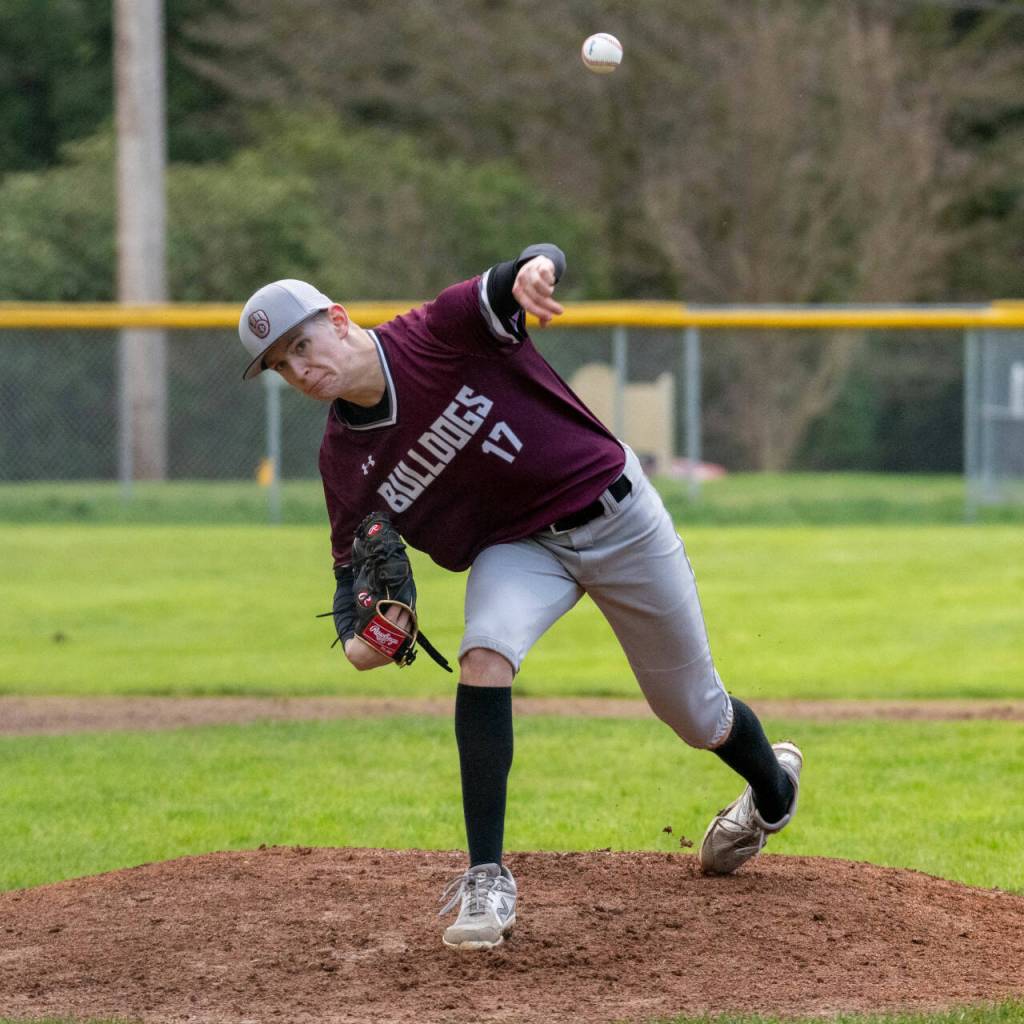 PHOTO BY FOREST WORGUM Montesanos Caden Grubb throws a pitch during a 5-4 win over Rochester on Tuesday at Vessey Field in Montesano.
