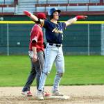 RYAN SPARKS | THE DAILY WORLD Aberdeens Aidan Baker gestures toward his teammates after hitting a two-run double during a 16-3 victory over Hoquiam on Thursday in Hoquiam.