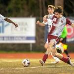 PHOTO BY FOREST WORGUM Montesano senior Levi Clements (25) passes the ball during a 1-0 loss to Life Christian Academy on Thursday at Jack Rottle Field in Montesano.