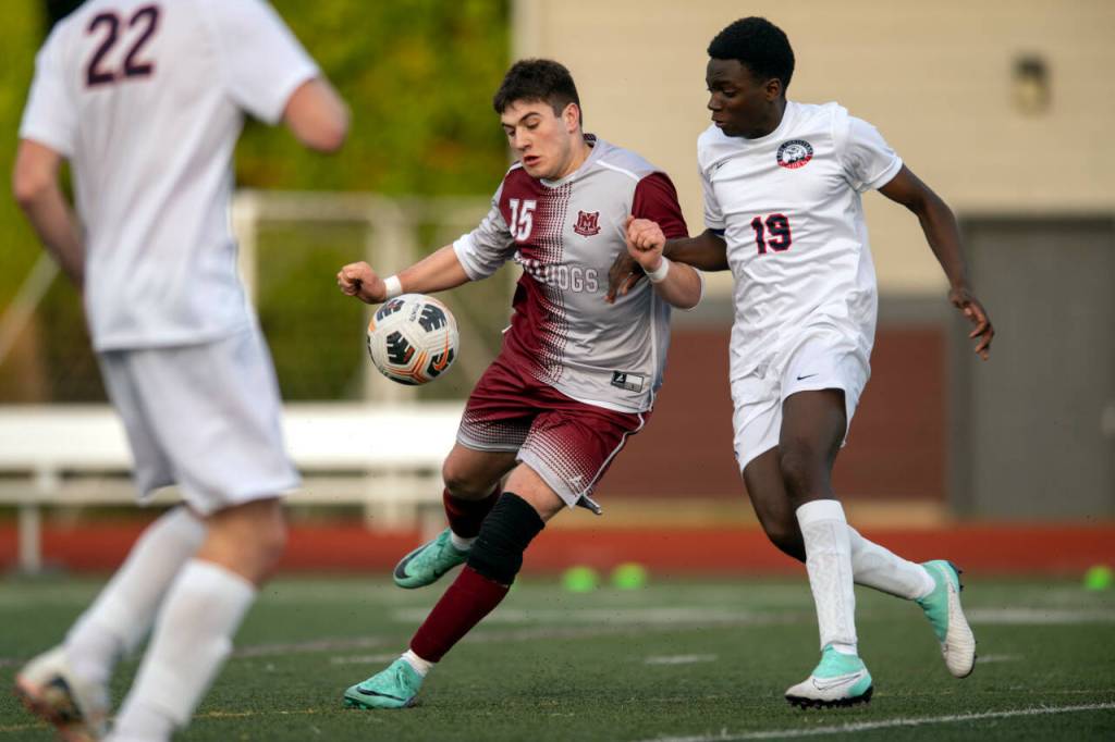 PHOTO BY FOREST WORGUM Montesanos Felix Romero (15) retains possession during a 1-0 loss to Life Christian on Thursday at Montesano High School.