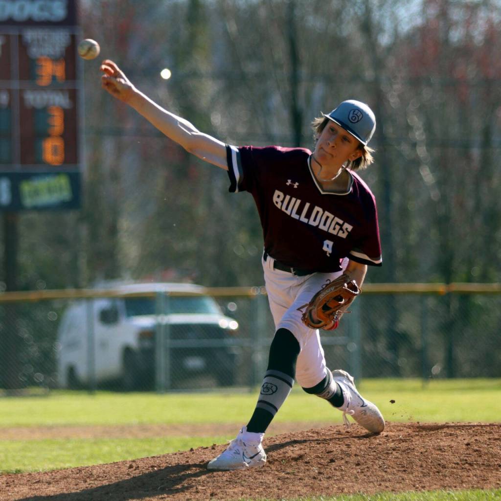 PHOTO BY HAILEY BLANCAS Montesano relief pitcher John Griffin throws a pitch during a double header against Eatonville on Saturday in Montesano.