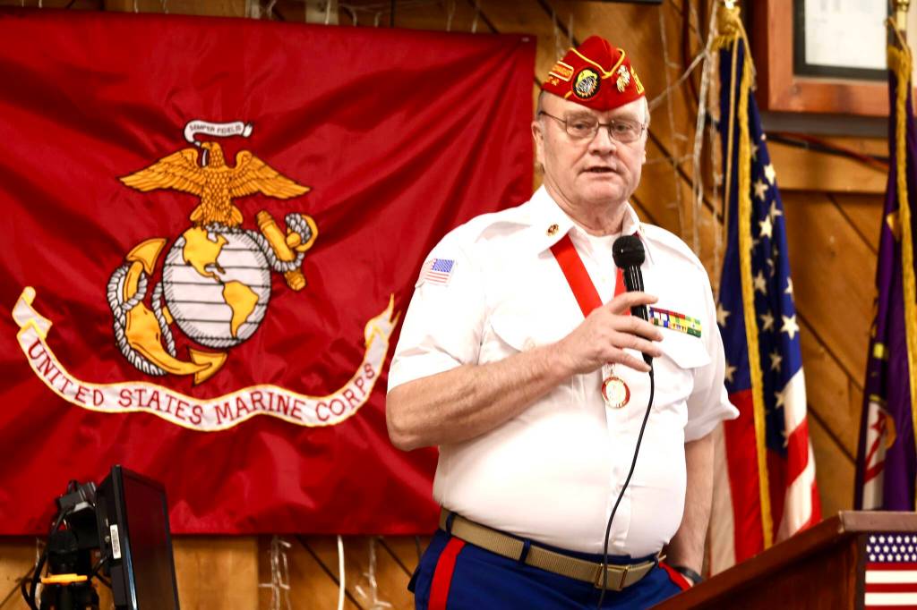Michael S. Lockett / The Daily World
Jim Daly, Marine veteran and veterans advocate, speaks at the send-off for a county resident headed to Marine Corps basic training on Friday.