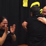 Clayton Franke / The Daily World
From left: Bartender Stacy DeCamp and cook Everett Denny of the Porthole Pub celebrate Saturday, March 16 after their clam chowder took first prize in the judges choice category in a chowder contest during the 2024 Razor Clam Festival and Seafood Extravaganza at the Ocean Shores Convention Center.