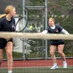 PHOTO BY FOREST WORGUM The Montesano doubles team of Margie Taylor, right, and Izzy Taylor compete in a match against Steveson on Tuesday at Montesano High School.