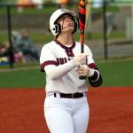 DAILY WORLD FILE PHOTO Montesanos Ali Parkin, seen here in a file photo from March 8, had three hits to lead the Bulldogs to an 8-4 win over Forks on Thursday in Forks.