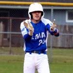 RYAN SPARKS | THE DAILY WORLD Elma cathcer Ethan Camus looks toward his teammates in celebration after hitting a go-ahead double in the sixth inning of a 5-3 win over Aberdeen on Friday in Aberdeen.