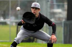 PHOTO BY FOREST WORGUM Montesano infielder Kole Kjesbu makes a play during a double header against Hoquiam on Saturday in Shelton.