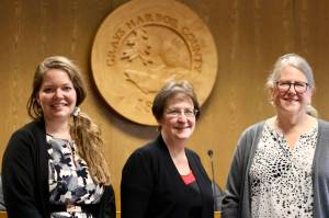 Rebecca Bernard, center, recently received the 2023 Angelo Petruss Award for Lawyers in Government Service from the Washington State Bar Association. She was recognized in Montesano on Wednesday. (Michael S. Lockett / The Daily World)