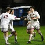 RYAN SPARKS | THE DAILY WORLD Montesanos Felix Romero (15) is congratulated by Daniel Schallon (12) after scoring a goal in the second half of a 3-1 win over Elma on Wednesday at Davis Field in Elma.