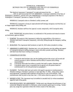 (Courtesy of city of Aberdeen) The first page of a four page proposed agreement between the cities of Aberdeen and Cosmopolis that would allow Aberdeen staff to temporarily help Cosmopolis perform utility billing work.