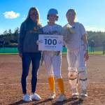 SUBMITTED PHOTO Aberdeens Laynie Yakovich, middle, was honored for recording the 100th hit of her prep career on Friday in Aberdeen. Yakovich reached the milestone during a game on March 16 against Hoquiam and is flanked by her mother Haley and sister Alyssa.