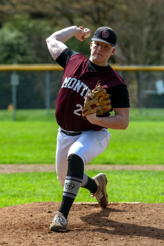PHOTO BY FOREST WORGUM Montesano starting pitcher Cam Taylor threw six scoreless innings in a 6-2 win over Elma in the first game of a double header on Saturday in Montesano.