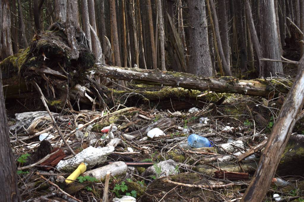 Clayton Franke / The Daily World
Years of high tides and storms have pushed piles of plastic and other garbage into the woods above beaches on the Quinault Indian Nation. A group of volunteers combed the rugged coastline for two days, nearly filling a 30-cubic-yard dumpster with trash.