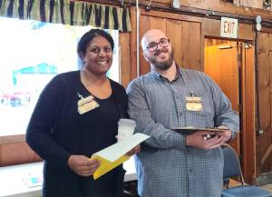 Priya Lindeen, left, and Alex Barlow pose during a Harborsite Chat, a key part of the local Dispute Resolution Programs Dialogue Project. Lindeen and Barlow are trained coaches who guide conversation and help participants resolve conflicts. (Dispute Resolution Program of Grays Harbor and Pacific Counties)