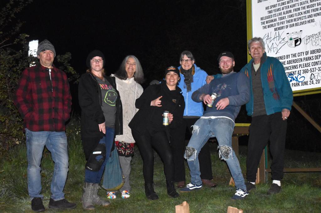 Matthew N. Wells / The Daily World
This small group was only part of the larger group of Nirvana fans who paid respect to Aberdeens own Kurt Cobain on Friday, which was the 30th anniversary of his death. While a solemn event, people seemed to enjoy each others company during the chilly night.