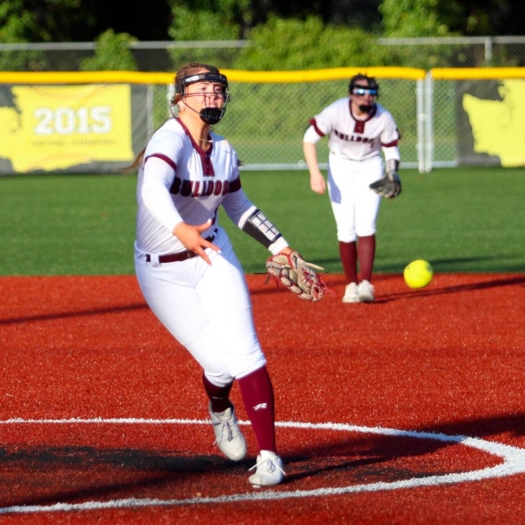 RYAN SPARKS | THE DAILY WORLD Montesano relief pitcher Grace Gooding pitched 2 2-3 innings of relief during a 7-1 loss to Auburn Riverside on Tuesday at Dick Tagman Field in Montesano.