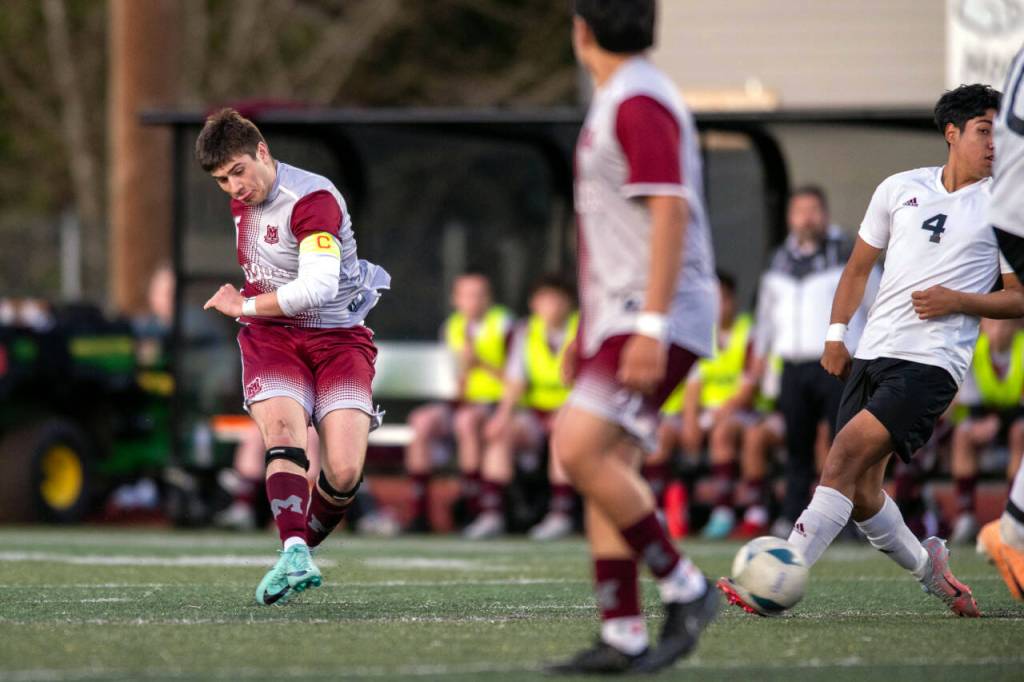 PHOTO BY FOREST WORGUM Montesano forward Felix Romero scores a goal in the second half of a 3-2 loss to Raymond-South Bend on Friday in Montesano.