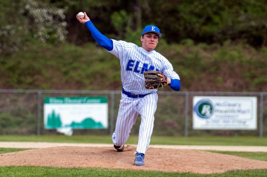 PHOTO BY FOREST WORGUM Elma pitcher Carter Studer allowed just three hits in a 2-1 complete-game victory over Eatonville in the first game of a double header on Saturday in Elma.