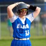 RYAN SPARKS | THE DAILY WORLD Elmas Lynsee Bednarik looks toward the Eagles dugout after hitting a run-scoring double in the bottom of the seventh inning of an 8-7 loss to Montesano on Monday in Elma.