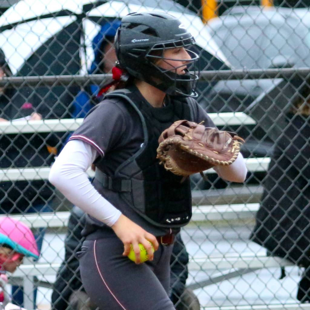 DAILY WORLD FILE PHOTO Hoquiam senior catcher Faith Prosch had three home runs in an 18-1 win over Tenino no Monday in Tenino.