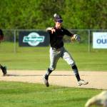 RYAN SPARKS | THE DAILY WORLD Montesano shortstop Bode Poler ranges toward first base to make a play during a 13-0 win over Elma on Tuesday at Eagle Field in Elma.