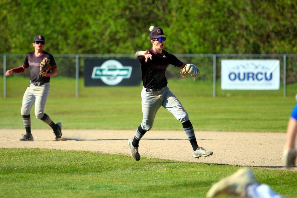RYAN SPARKS | THE DAILY WORLD Montesano shortstop Bode Poler ranges toward first base to make a play during a 13-0 win over Elma on Tuesday at Eagle Field in Elma.