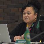 Matthew N. Wells / The Daily World
Aberdeen City Administrator Ruth Clemens speaks during a presentation at an April 24 city council meeting about the citys potential purchase of a homeless shelter site.