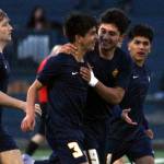 RYAN SPARKS | THE DAILY WORLD Aberdeen freshman midfielder Gilbran Garcia (3) is congratulated by senior forward Elmer Torres (19) after Garcia scored a goal in the second half of a 3-2 loss (4-3 on penalty kicks) to Centralia on Monday at Stewart Field in Aberdeen.