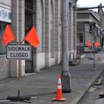 Matthew N. Wells / The Daily World
The city of Aberdeens posted Sidewalk Closed signs along the east side of South I Street  in between the intersection with East Wishkah Street. They arent there for show. Theyre there to keep people safe, because there are parts of the 98-year-old Becker Buildings façade that are falling off the exterior.