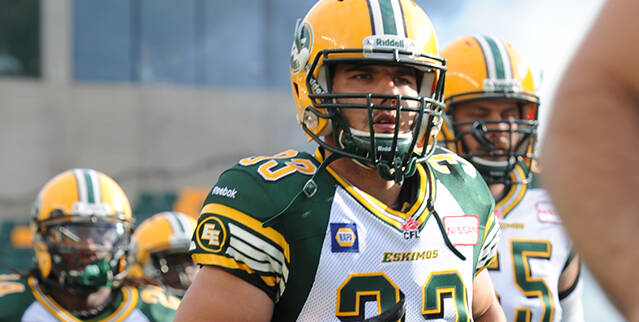 Edmonton Elks
Joel Dublankos cousin Curtis Dublanko runs out of the tunnel for the Edmonton Elks in 2014.