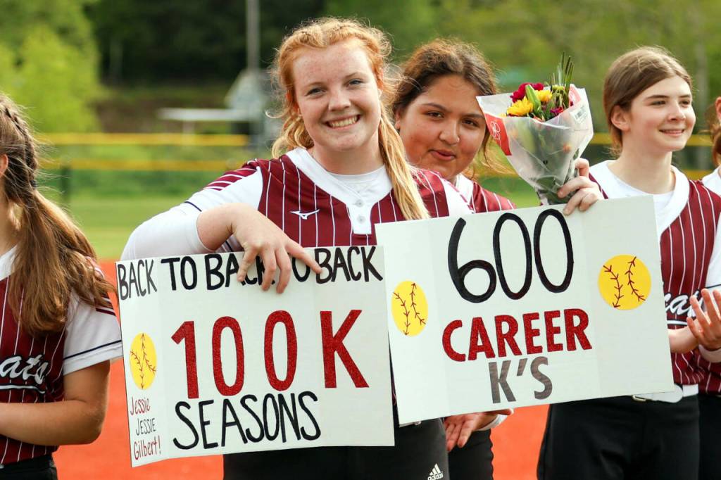 PHOTO BY LARRY BALE
Ocosta junior pitcher Jessie Gilbert was honored during a double header against Raymond-South Bend on Wednesday in Westport after surpassing 100 strikeouts for the second consecutive season and 600 for her prep career.