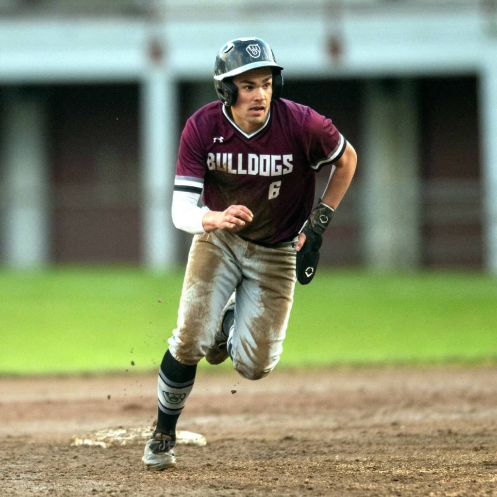 PHOTO BY FOREST WORGUM Montesano senior Jaxson Wilson rounds second base during a 12-2 win over Castle Rock in a 1A District 4 first-round game on Monday at Olympic Stadium in Hoquiam.